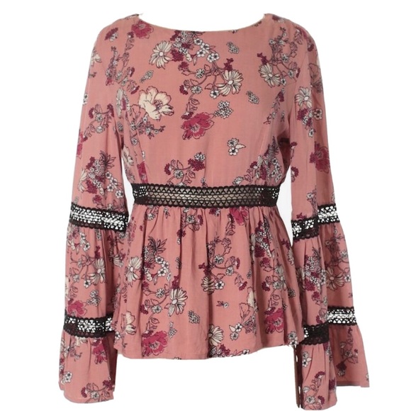 MINKPINK Tops - Minkpink Floral Crochet Bell Sleeve Cropped Blouse